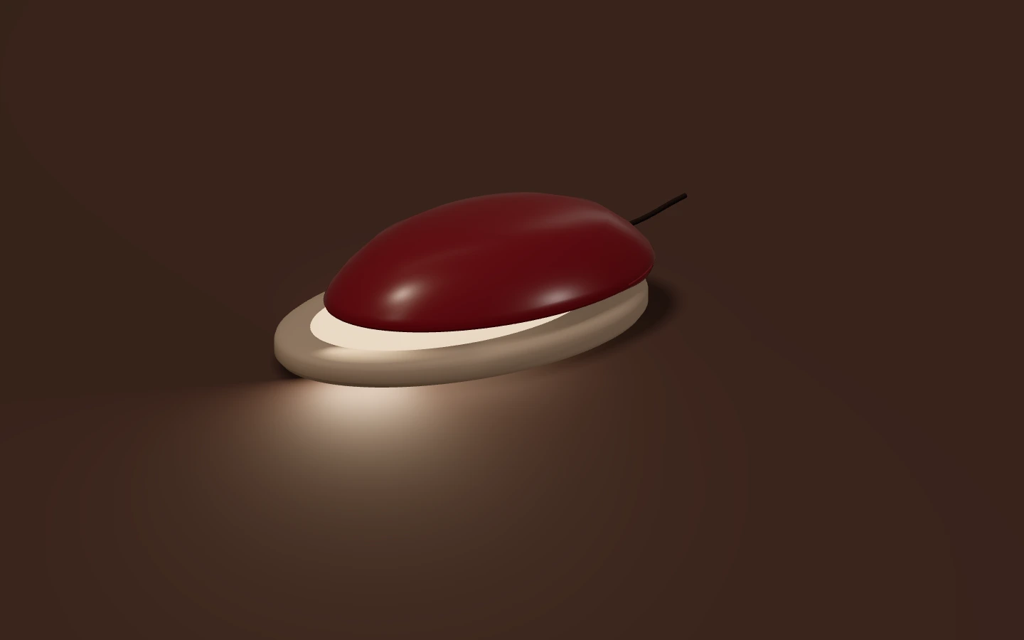 Lampada in smalto color vino; la sorgente calda illumina il piano sotto il guscio.
