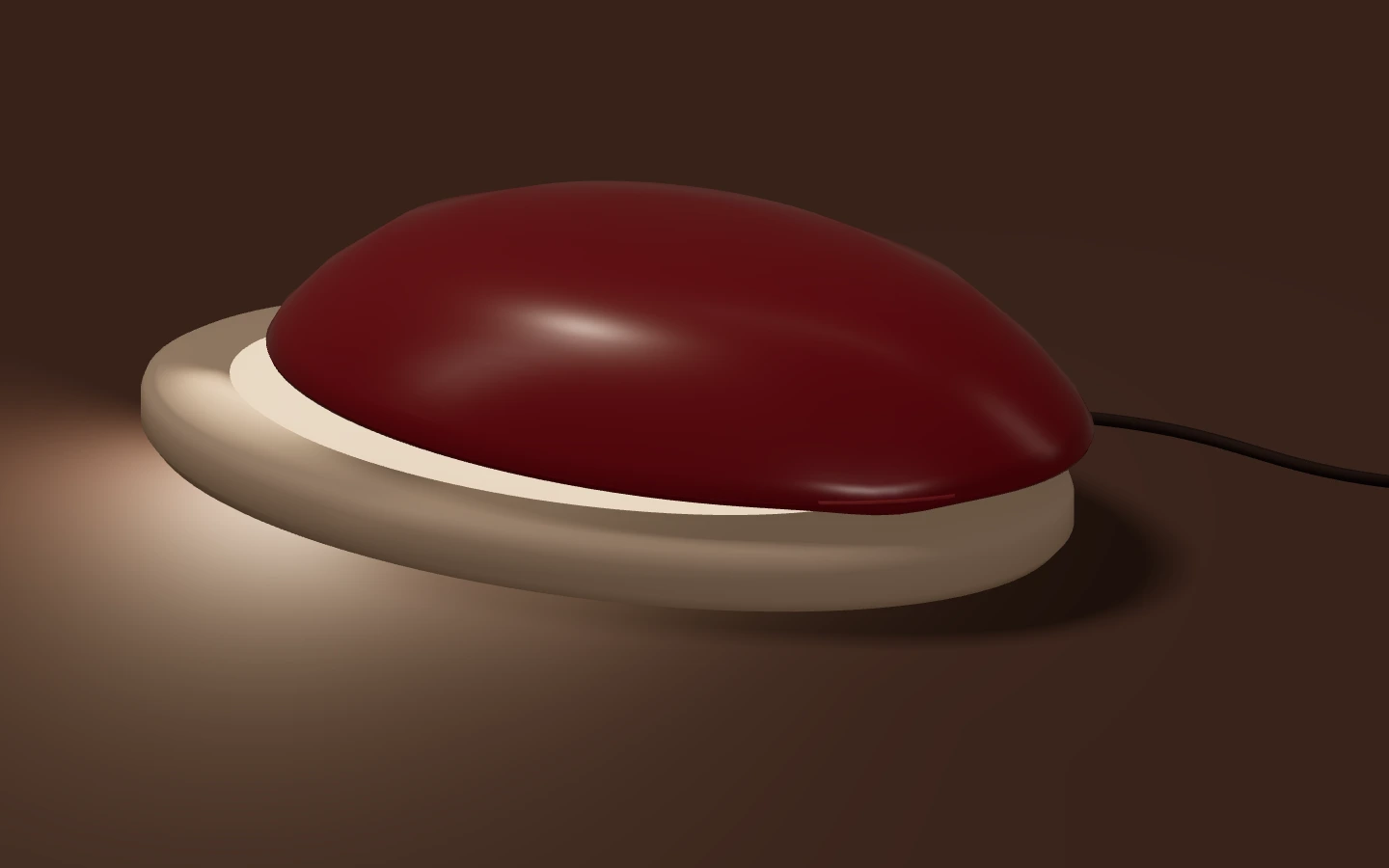 Lampada in smalto color vino; la sorgente calda illumina il piano sotto il guscio.